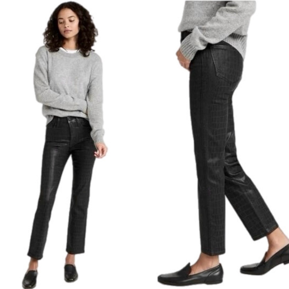 Frame Le Sylvie Slender Straight Jeans Noir Black Croc Coated In Size 27
